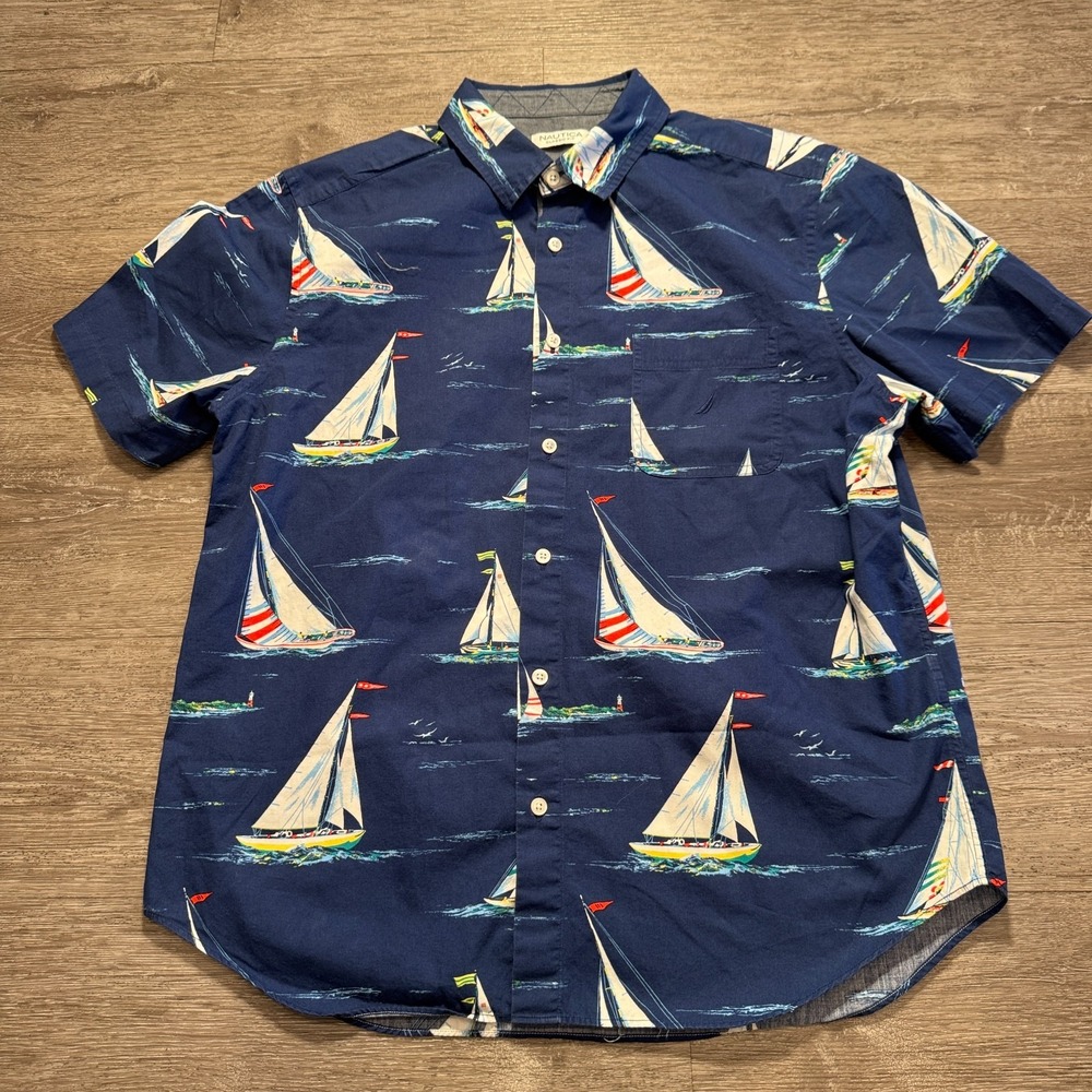 Nautica Shirt‎ Mens Large Blue Sailboat Graphic Short Sleeve Button Front Boat